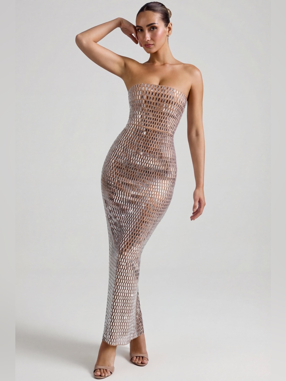 Oh Polly Amaya Embellished Bandeau Maxi Dress in Almond